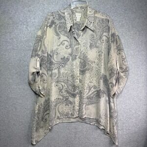 CHICOS Womens 2 Large Button Up Blouse Sheer Gauzy Paisley Animal Gray Ivory
